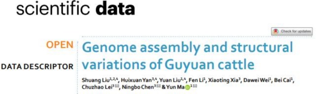 宁夏大学马云教授团队在Nature子刊《Scientific Data》发表“固原黄牛基因组组装与结构变异”研究成果